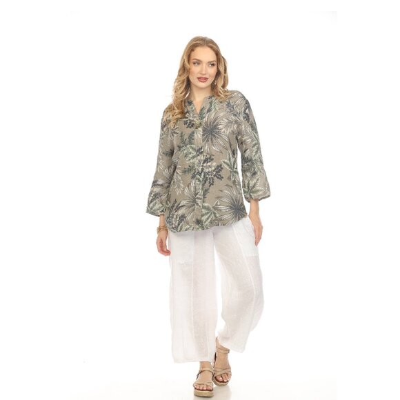 Taupe Leaf Print V-Neck Button Top - Picture 1 of 7